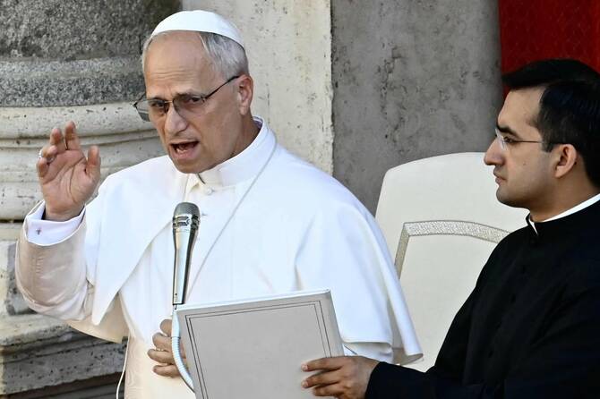 Pope Leo XIV leads an audience on the International Day Against Drug Abuse and Illicit Trafficking in San Damaso courtyard in The Vatican on June 26, 2025. (AFP)
