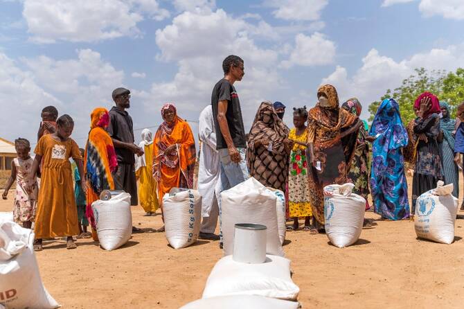 Food distribution by the WFP for internally displaced persons at the Wad Almajzoub farm camp in Wad Medani, Gezira state, Sudan. (WFP/AP)