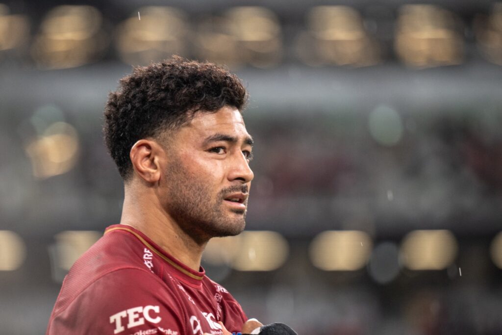 Toshiba Brave Lupus Tokyo's Richie Mo'unga looks on after the Rugby League One 2024-25 play-offs final between Toshiba Brave Lupus Tokyo and Kubota Spears Funabashi Tokyo Bay at the National Stadium in Tokyo on June 1, 2025. (AFP)