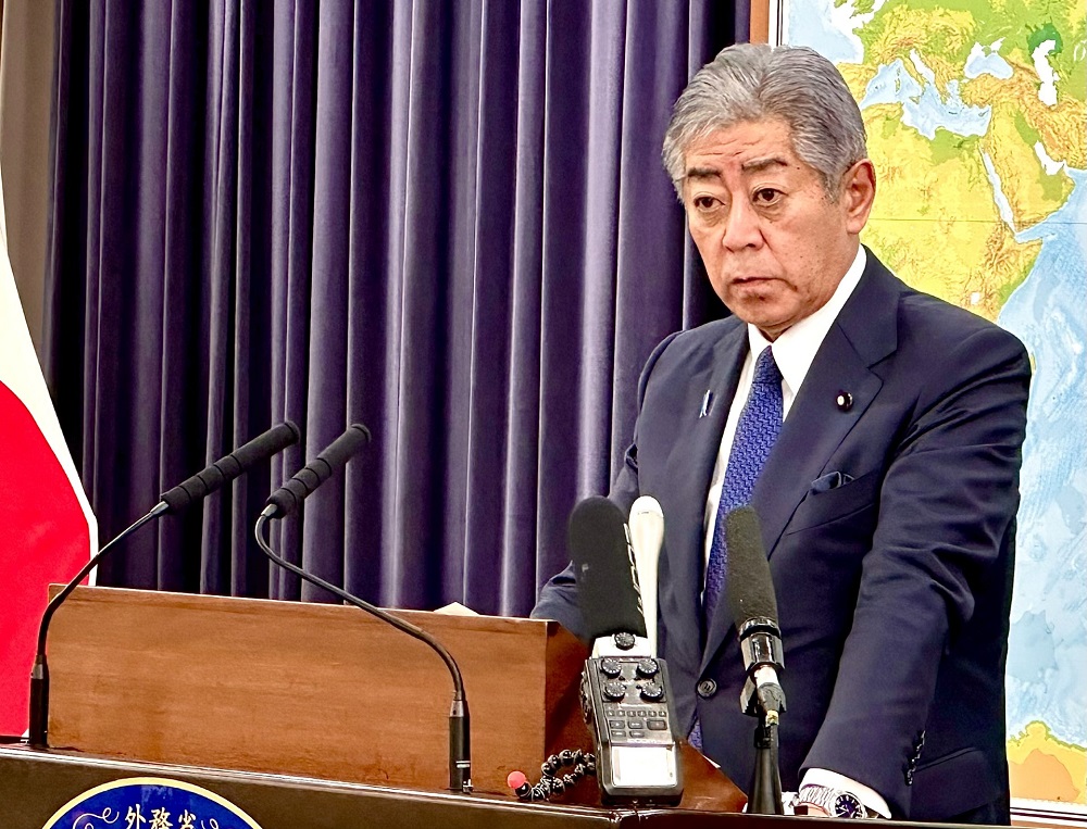 Japanese Foreign Minister IWAYA Takeshi is seen listening to a question at a press conference on June 17 at the Ministry building in Tokyo. (ANJ)
