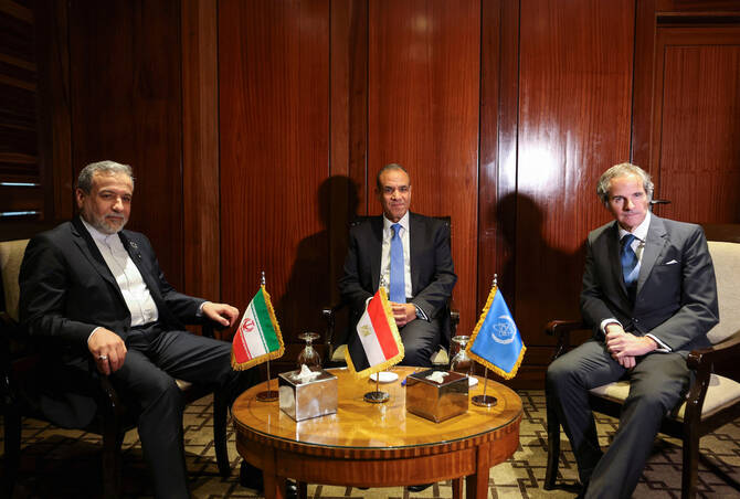 Egyptian Foreign Minister Badr Abdelatty, Iran's Abbas Araghchi and the IAEA's Rafael Grossi in Cairo Monday. (Reuters)