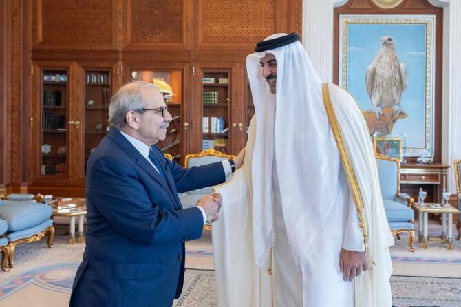Nawaf Salam and Sheikh Tamim bin Hamad Al-Thani meet in Doha, Qatar, June 24, 2025. (AFP)