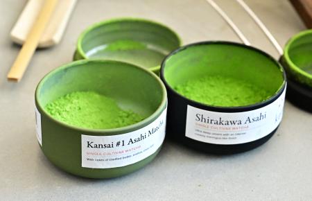 A variety of matcha is on offer for beverages at Kettl Tea in the Los Feliz neighborhood of Los Angeles, California on May 20, 2025. (AFP)