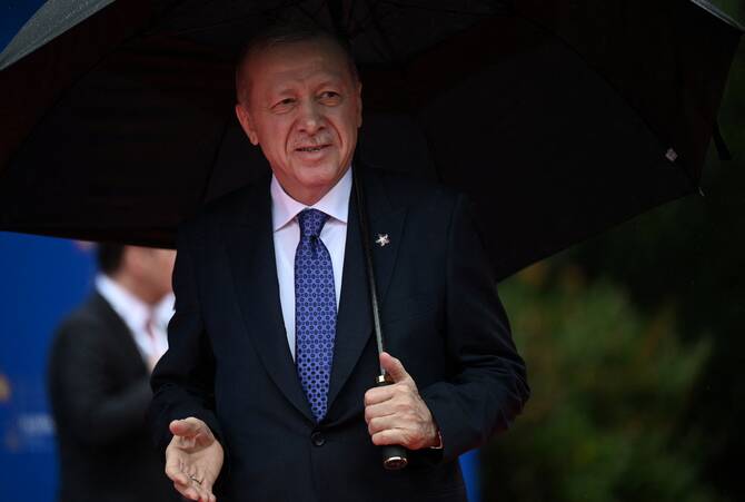 Turkiye's President Recep Tayyip Erdogan arrives for the European Political Community (EPC) summit, in Tirana, May 16, 2025. (AFP)