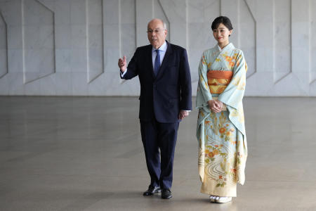 Japan's Princess Kako of Akishino and Brazilian Minister of Foreign Affairs Mauro Vieira stand before the press as they arrive at Itamaraty Palace in Brasilia, Brazil, Wednesday, June 11, 2025. (AP)