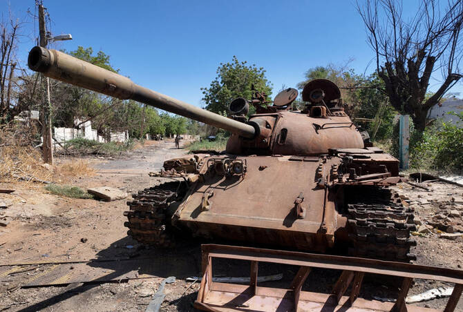 A destroyed tank in the state of Khartoum Sudan, which was recaptured from the RSF in March. The paramilitaries have now however taken territory near the Libyan and Egyptian border. (Reuters/File)