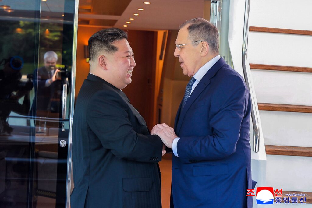 This picture taken on July 12, 2025 and released from North Korea's official Korean Central News Agency (KCNA) on July 13, 2025 shows North Korean leader Kim Jong Un meeting with Russian Foreign Minister Sergei Lavrov in Wonsan, North Korea. (AFP)