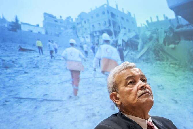 President of the Palestine Red Crescent Society (PRCS), Younis Al-Khatib, looks on as he delivers a press conference on the situation in Gaza, in Geneva, May 22, 2025. (AFP)