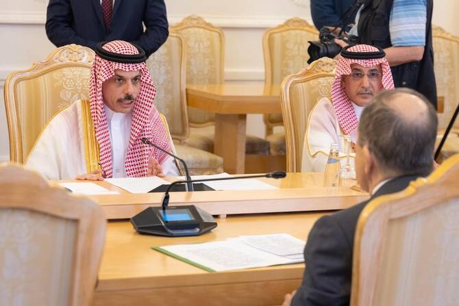 Saudi Foreign Minister Prince Faisal bin Farhan met with his Russian counterpart Sergey Lavrov in Moscow on Thursday, as part of an official visit aimed at strengthening the longstanding relationship between the two countries. (KSAMOFA)
