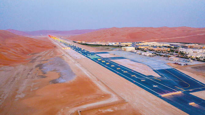 In the remote Rub’ al-Khali, Shaybah’s airport runway is exposed to blistering conditions and corrosive sands, but Aramco said the concrete was successfully recycled and reused as a base layer for its upgrade. (Photo courtesy of Aramco)
