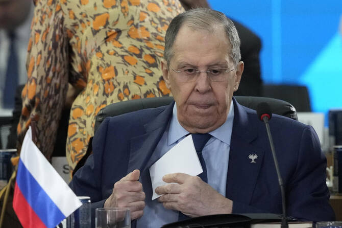 Russia's Foreign Minister Sergey Lavrov attends the 17th annual BRICS summit in Rio de Janeiro, Brazil, Monday, July 7, 2025. (AP)