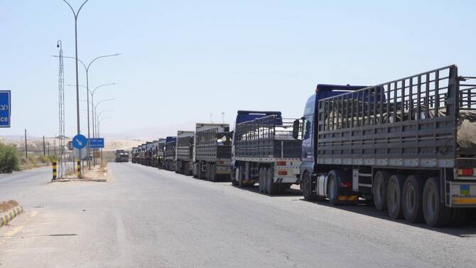 The Jordan Hashemite Charity Organization sent dozens of trucks loaded with basic food supplies into Gaza. (Petra)