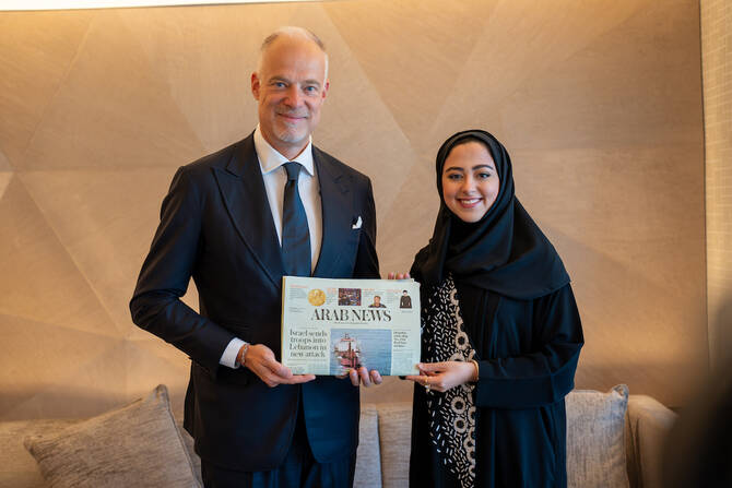 Hungarian Defense Minister Kristóf Szalay-Bobrovniczky with Arab News’ Lama Alhamawi. (AN Photo/Jaafar Saleh)
