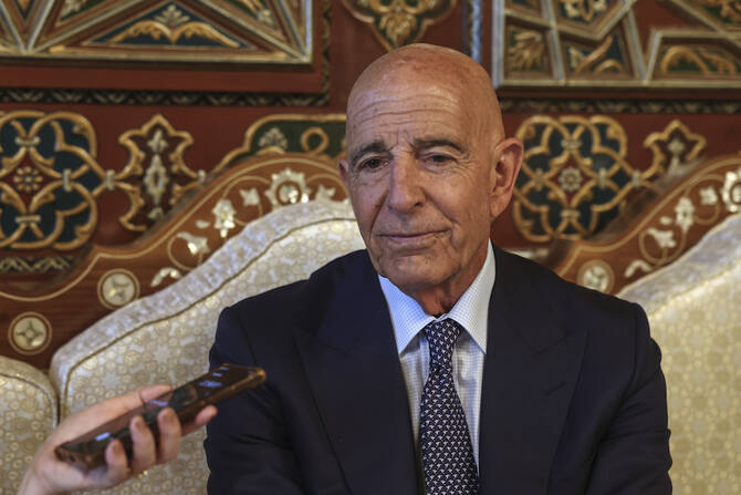 US Ambassador to Turkiye and Special Envoy to Syria Tom Barrack speaks during an interview in Damascus, Syria this week. (AP)