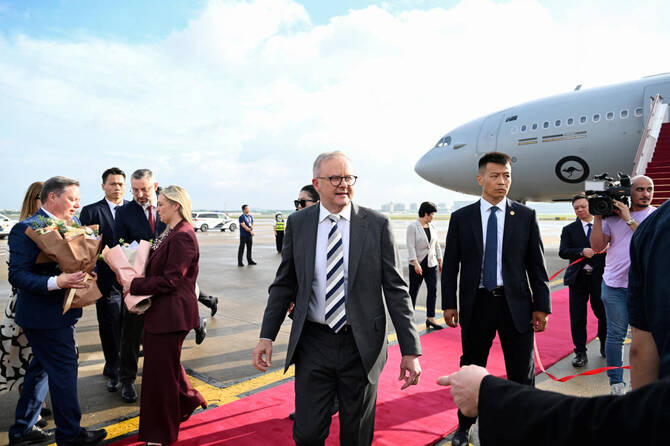 Australian Prime Minister Anthony Albanese arrives at Shanghai Pudong International Airport in Shanghai, China on July 12, 2025. (AAP via Reuters)