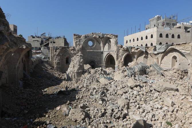 The ruins of the 12th-century Al-Omari Mosque in the heart of Gaza’s old city, repeatedly damaged by Israeli attacks. (RIWAQ)