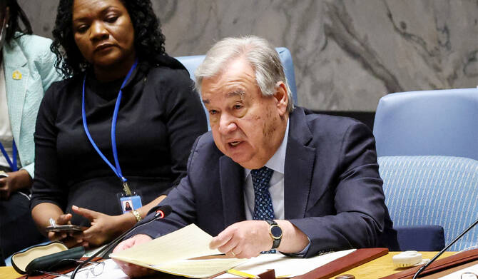 United Nations Secretary General Antonio Guterres addresses a meeting of the United Nations Security Council on international peace and security through multilateralism, at U.N. headquarters in New York City, U.S., July 22, 2025. (REUTERS)