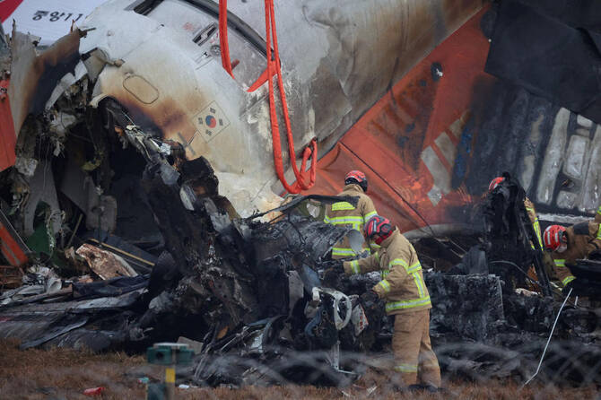 A Jeju Air airplane that crashed in December 30, 2024 during an emergency landing at Muan airport, after a bird strike, killed all but two of the 181 people on board. (Reuters)