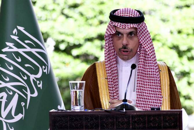 This handout picture released by the official Syrian Arab News Agency (SANA) Saudi Arabia's Foreign Minister Prince Faisal bin Farhan giving a joint press conference with Syria's interim foreign minister in Damascus on May 31, 2025. (AFP)