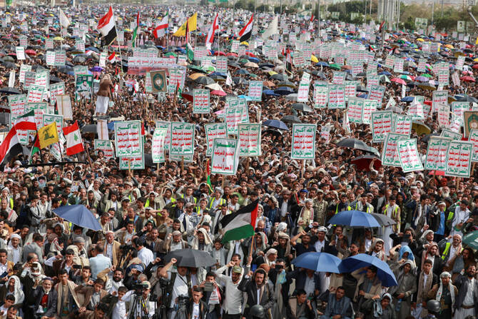 Protesters, mainly Houthi supporters, rally to show support to Palestinians in the Gaza Strip, in Sanaa, Yemen, on July 25, 2025. (REUTERS)
