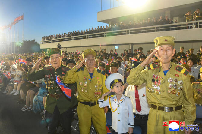North Korean war veterans take part in celebrations in Pyongyang on July 28, 2025 to mark the 72nd anniversary of the end of the Korean War. (KCNA via KNS/AFP)