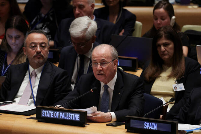 Palestinian Prime Minister Mohammad Mustafa speaks during a UN high-level conference hosted by France and Saudi Arabia to work toward a two-state solution between Israel and the Palestinians, July 28, 2025. (Reuters)