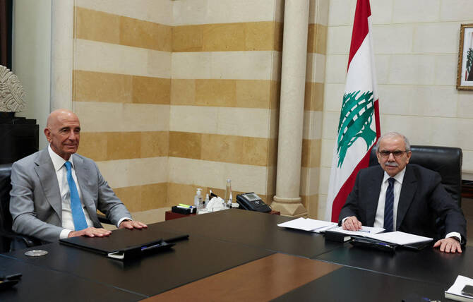 US Ambassador to Turkiye and US special envoy for Syria Thomas Barrack meets with Lebanese Prime Minister Nawaf Salam in Beirut, Lebanon, July 21, 2025. (Reuters)