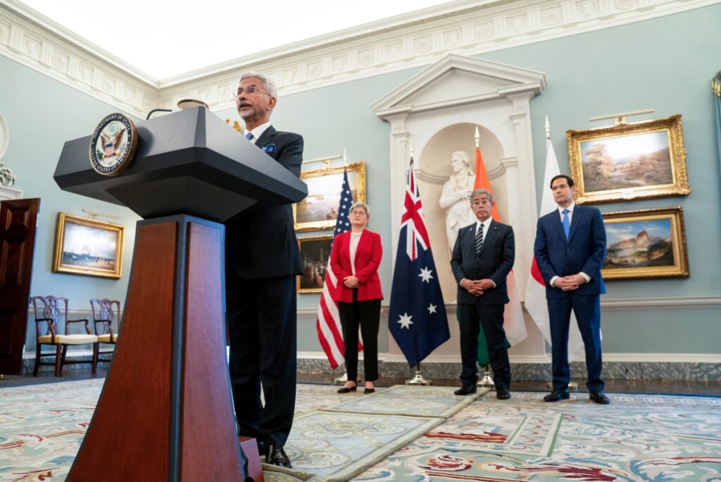 Indian External Affairs Minister Subrahmanyam Jaishankar speaks alongside US Secretary of State Marco Rubio (R) Australia’s Foreign Minister Penny Wong (2nd-L), and Japanese Foreign Minister Takeshi Iwaya (2nd-R) a press conference with the Indo-Pacific Quad at the State Department in Washington, DC, on July 1, 2025. (AFP)