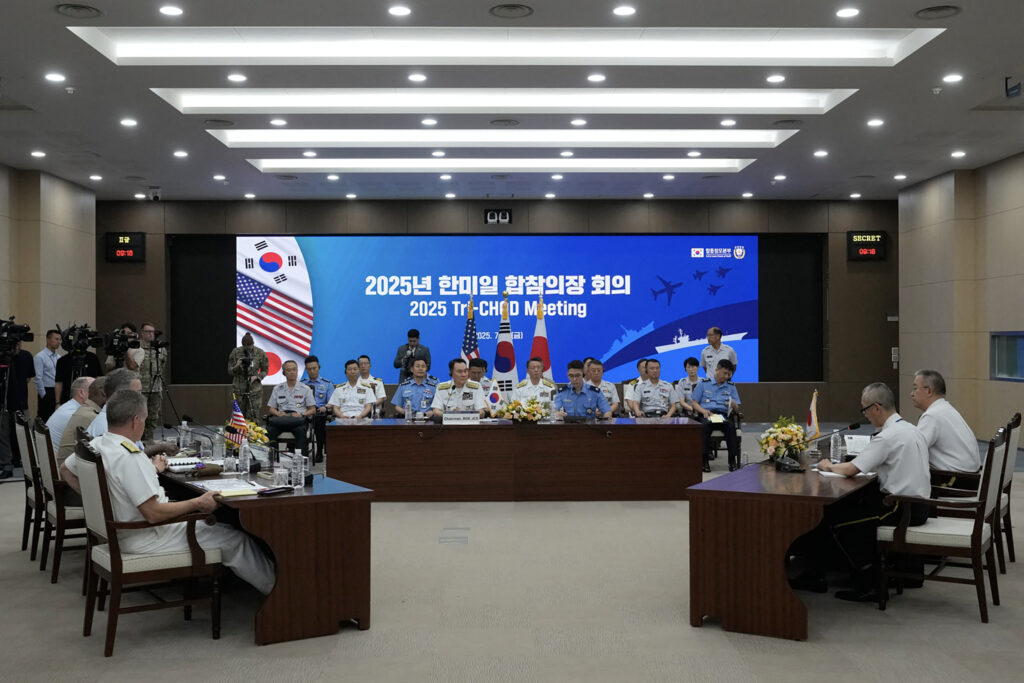 The three joint chiefs of staff chairmen — South Korea's Kim Myung-soo, the United States' Dan Caine and Japan's YOSHIHIDE Yoshida — discussed various ways to deepen their cooperation in order to ensure peace and stability in the region, according to the joint statement. (AFP)