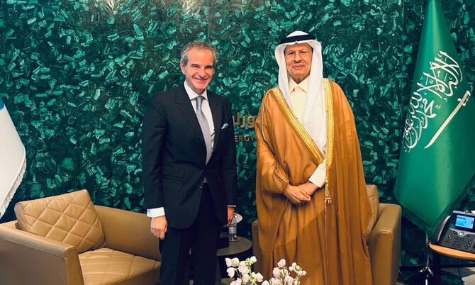 Energy Minister, Prince Abdulaziz bin Salman, and Rafael Grossi, the head of the International Atomic Energy Agency, in Riyadh. (Saudi Press Agency)