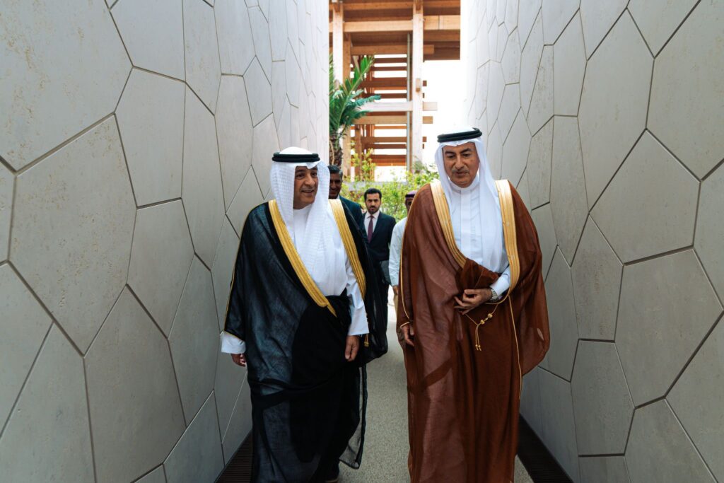 Saudi Arabia’s Ambassador to Japan, Dr. Ghazi bin Faisal bin Zagr, and GCC Secretary-General Jasem Mohamed Albudaiwi at the Saudi Pavilion at Expo 2025 Osaka, Kansai. (X/@KSAembassyJP)