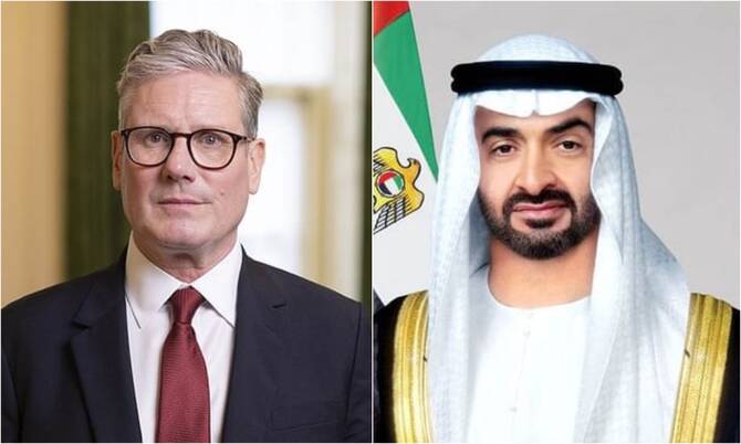 UAE President Sheikh Mohammed bin Zayed Al-Nahyan and UK Prime Minister Keir Starmer. (Emirates News Agency)