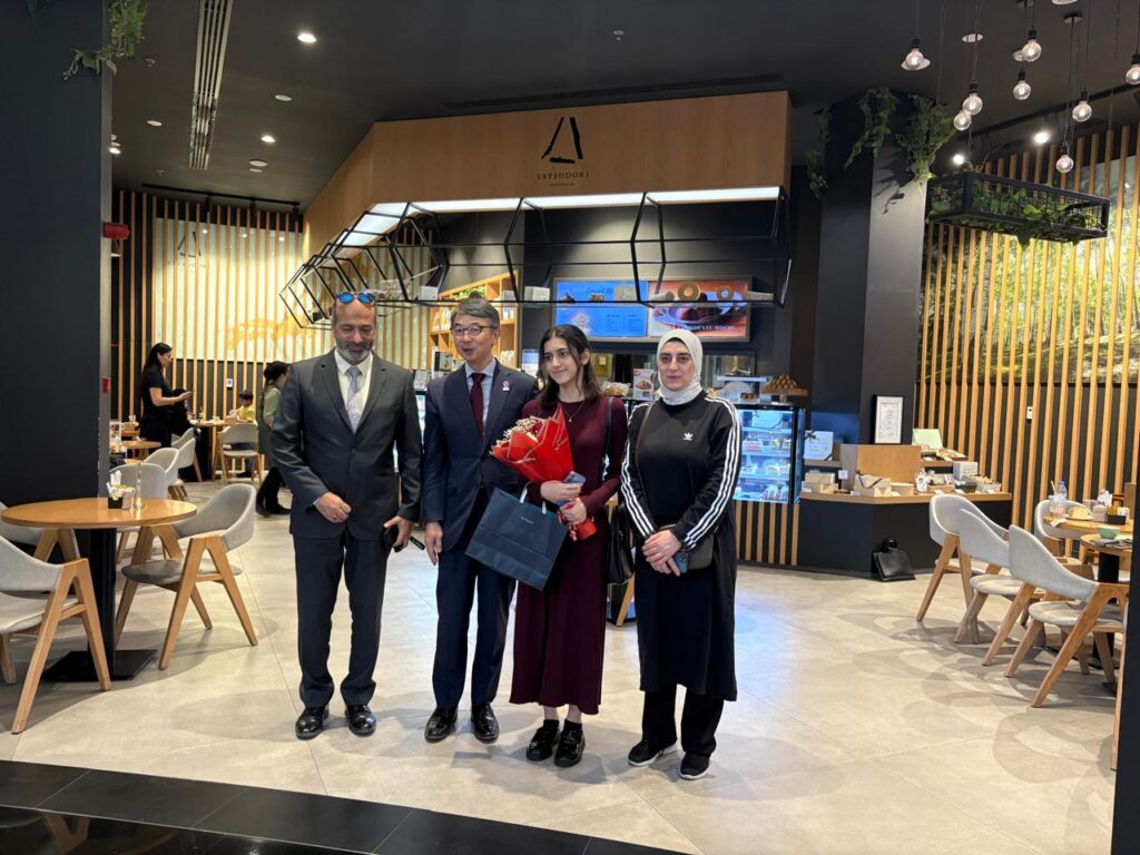 Habiba Yasser Qudaih and her family meeting Japan's Consul-General in Dubai IMANISHI Jun on July 3, 2025 in Chateraise PREMIUM YATSUDOKI, Dubai. (ANJ Photo)