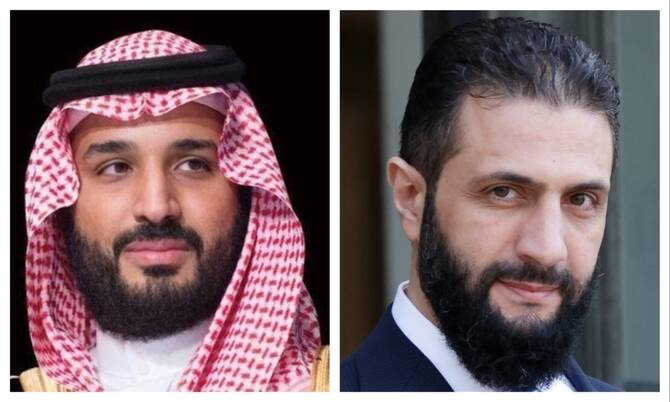 Saudi Crown Prince Mohammed bin Salman and Syrian President Ahmed Al-Sharaa. (File/SPA/AFP)