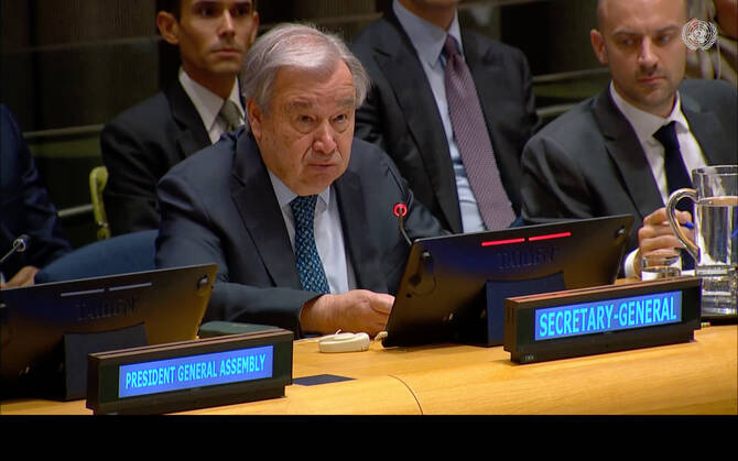 UN chief Antonio Guterres said the Israeli-Palestinian conflict has reached a “breaking point” and urging immediate, decisive action to reverse a collapsing path toward a two-state solution. (Screenshot/UNTV)