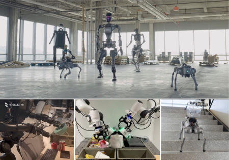 A collage of Skild AI's robots shows them in action, sorting dishes and climbing stairs, in this handout released on July 29, 2025. (Reuters)