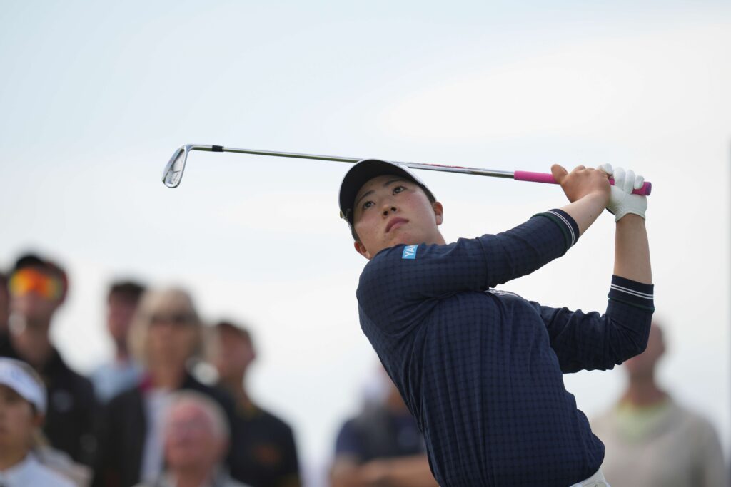 Rio Takeda of Japan competes during the first round of the Women's British Open golf championship, at Royal Porthcawl Golf Club in Porthcawl, Wales, Thursday, July 31, 2025. (AP)