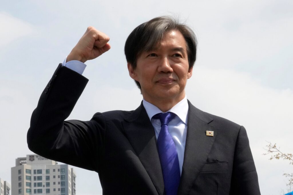 FILE - Cho Kuk, leader of the South Korean Rebuilding Korea Party, clenches his fist during a campaign rally for the upcoming parliamentary election on April 10, in Seoul, South Korea, on April 4, 2024. (AP)