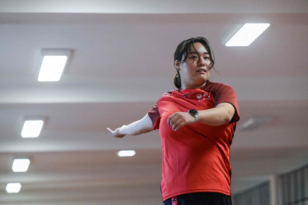 Reigning Olympic and world javelin champion Haruka Kitaguchi warms up for a training session in the Athletics tunnel in Domazlice, Czech Republic, on August 14, 2025.(AFP)