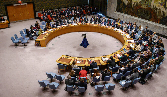 A general view shows a United Nations security council meeting on the protection of civilians in armed conflict, at the UN headquarters in New York on May 23, 2023. (AFP)