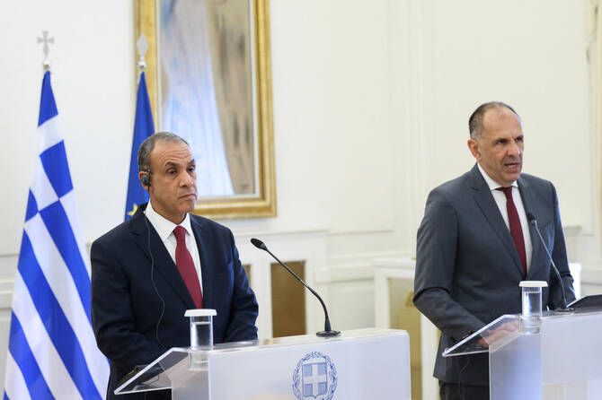 Greek Foreign Minister George Gerapetritis and Egyptian Foreign Minister Badr Abdelatty attend a joint press conference at the Foreign Ministry in Athens, Greece, August 6, 2025. (Reuters)