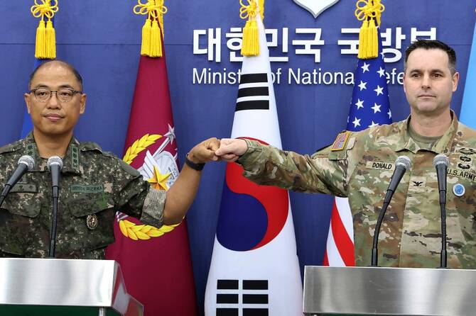 Col. Lee Sung-jun and public affairs director of South Korea's Joint Chiefs of Staff and Col. Ryan Donald, public affairs director of the United Nations Command, Combined Forces Command, and United States Forces Korea attend a press briefing of Ulchi Freedom Shield 2025 exercise at the Defense Ministry in Seoul, Korea.
