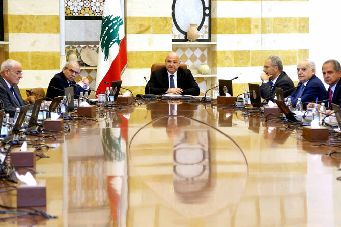 Lebanon's President Joseph Aoun (C) chairing a cabinet session to discuss the issue of disarming Hezbollah at the presidential palace of Baabda east of Beirut. (File/AFP)