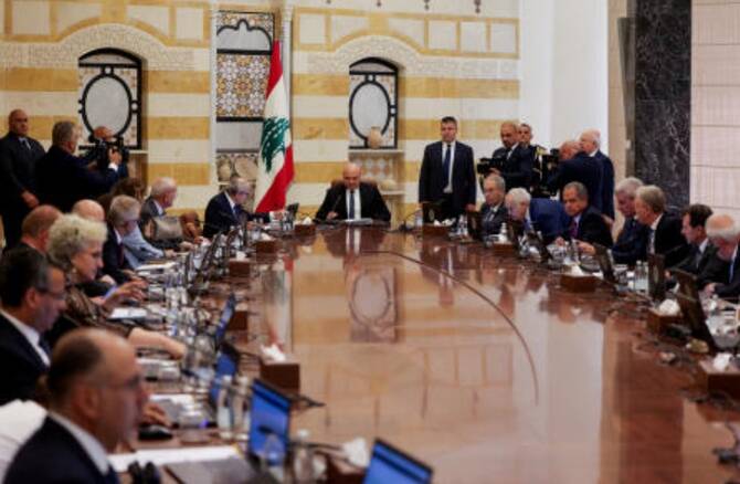 Lebanese President Joseph Aoun, Lebanese Prime Minister Nawaf Salam and members of the Lebanese cabinet meet to discuss efforts to bring all weapons in the country under the control of the state, at the Presidential Palace in Baabda, Aug. 5, 2025. (Reuters)