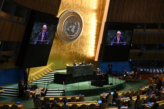 Above, Secretary-General Antonio Guterres speaks at the UN General Assembly in New York City on Jan. 15, 2025. At least 145 of the 193 UN members now recognize or plan to recognize a Palestinian state, including France, Canada and Britain. (AFP)