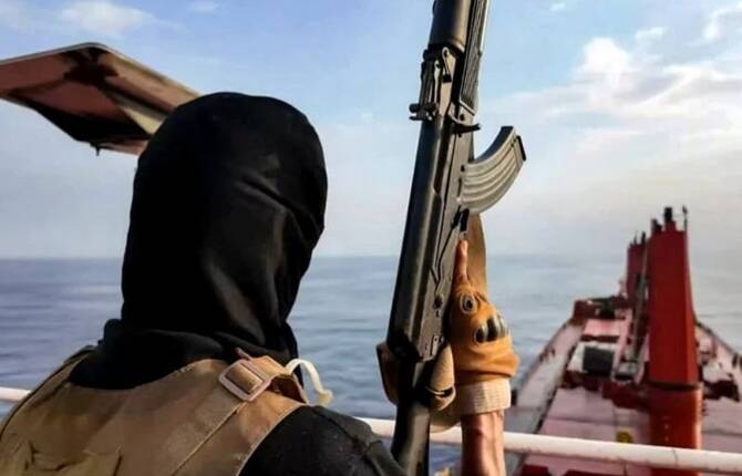 Houthi militants carry out an attack on the Liberian-flagged, Greek-owned bulk carrier Magic Seas, in the Red Sea, July 6, 2025. (AFP)