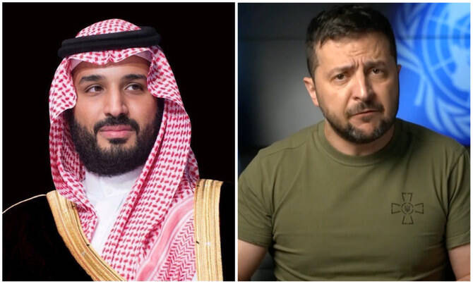 Saudi Crown Prince Mohammed bin Salman held a phone call with Ukrainian President Volodymyr Zelensky to discuss developments in the Ukraine crisis on Monday. (SPA/Screenshot)