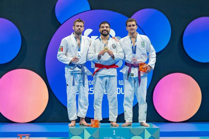 Saeed Al-Kubaisi (center) celebrates winning gold for the UAE at the World Games Chengdu 2025. (Supplied)