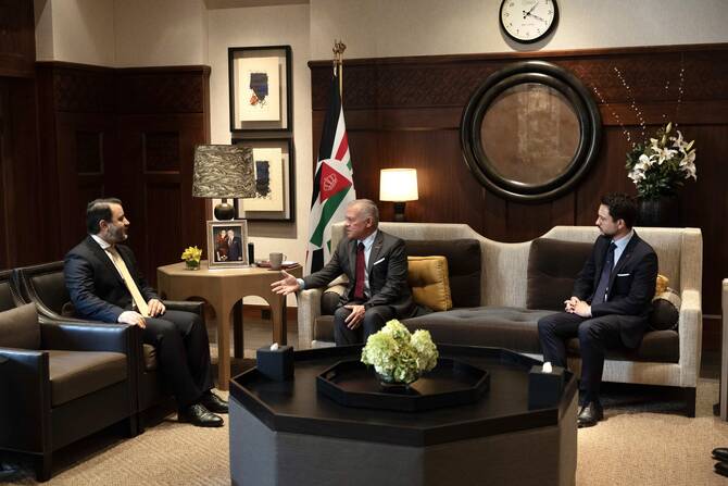 King Abdullah II of Jordan on Tuesday met separately with Syrian Foreign Minister Asaad Al-Shaibaani and US Ambassador to Turkiye and Special Envoy for Syria Thomas Barrack to discuss the latest developments in Syria. (Jordan News Agency)