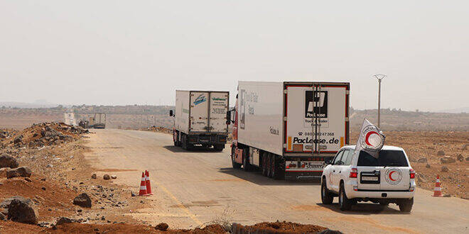 Twenty-one trucks delivered medical supplies, assistance and fuel to Sweida. (SANA)